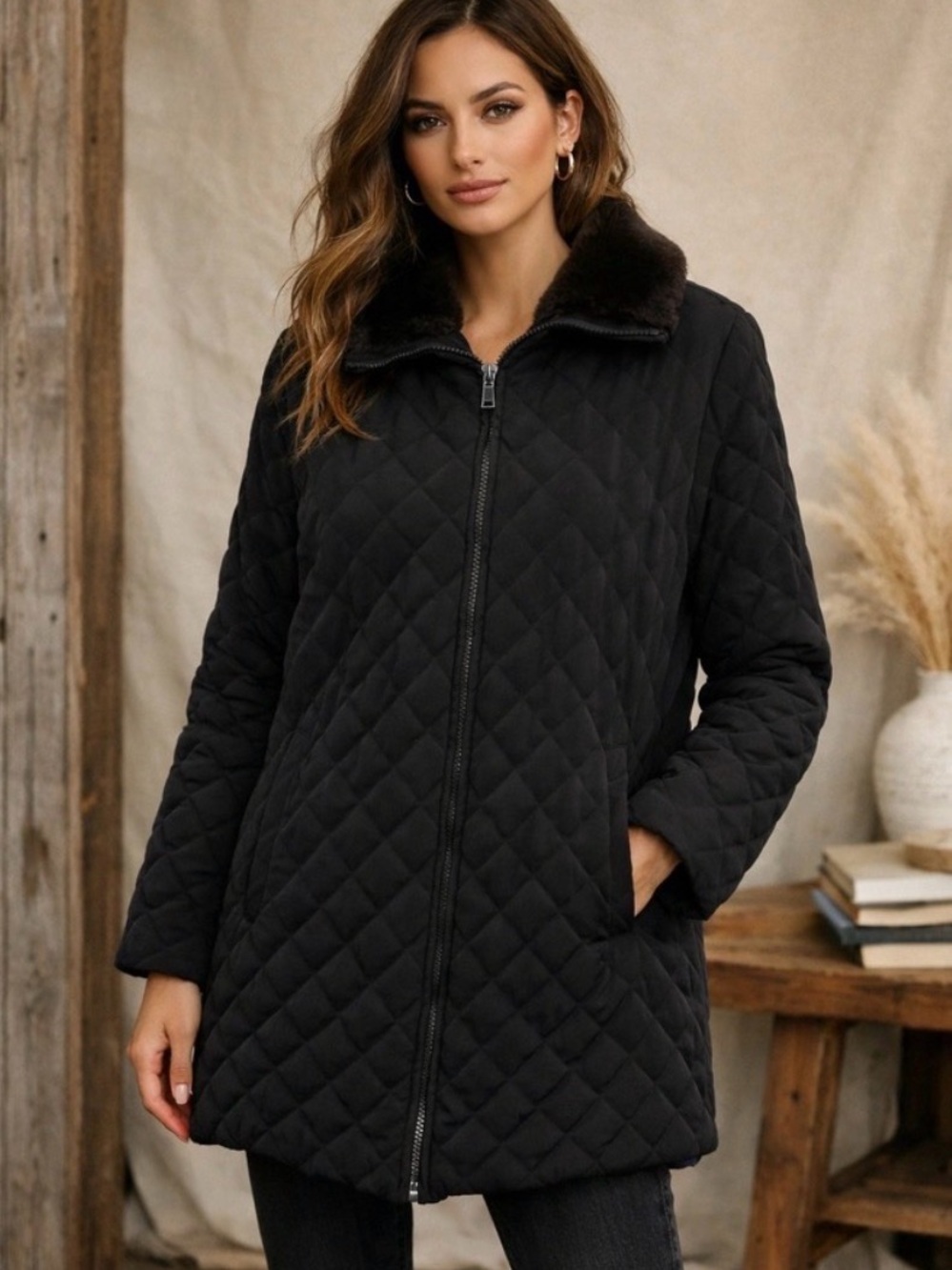 Marc New York Quilted Faux Fur Collar Coat Black XL